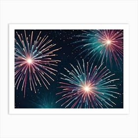 Colorful Fireworks Exploding Against A Dark Blue Night Sky With Scattered Stars, Creating A Festive And Magical Background Art Print