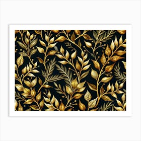 Seamless Pattern With Golden Leaves And Berries On Black Background Art Print