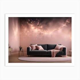 A Modern Living Room With A Dark Gray Sofa And A Pink Nebula Wallpaper, Creating A Cozy And Cosmic Ambiance Art Print