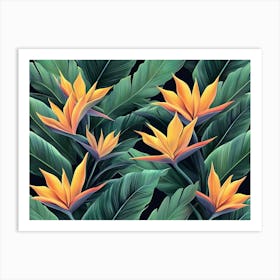 Seamless Pattern, Tropical Strelitzia Flowers, Palm Leaves In Green Color 1 Art Print