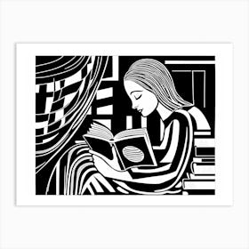 Just a girl who loves to read, Lion cut inspired Black and white Stylized portrait of a Woman reading a book, reading art, book worm, Reading girl 169 Art Print