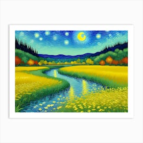 Oil painting with Van Gogh influences, landscape of fields and a stream crossing the horizon on a beautiful moonlit night. Art Print