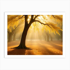 A Photograph Of A Lone Tree With Golden Leaves In An Autumnal Forest Art Print