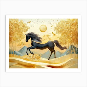 3D Golden Horse on Wave Mountains Landscape Art Print