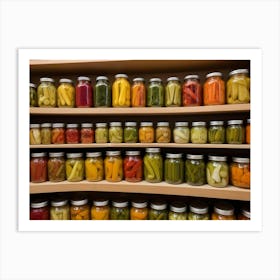 Jars Of Pickled Vegetables On Wooden Shelves With A Dark Background Art Print