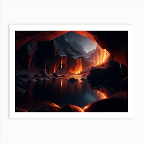 The Dark Cave Illuminated By A River Of Magma Art Print