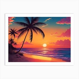 A Tranquil Beach At Sunset Horizontal Illustration 66 Art Print