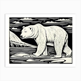 Polar Bear Cavorting In The Arctic Expanse Linocut Art, animal art, 160 Art Print