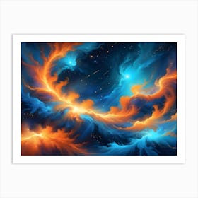 Abstract Cosmic Landscape With Swirling Clouds Of Orange And Blue Against A Starry Sky Art Print