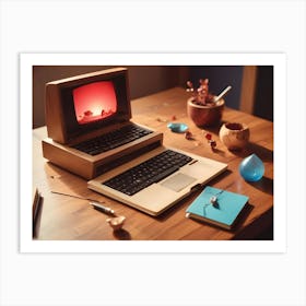 A Vintage Style Laptop With A Wooden Case Sits On A Wooden Table Alongside A Variety Of Other Objects Art Print