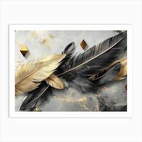 Golden And Black 3d With Feathers And Triangles On A Marble 1 Art Print