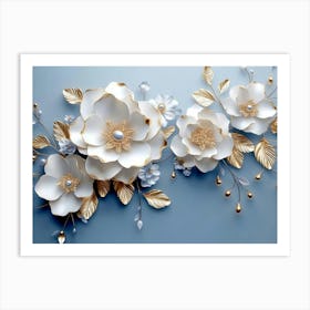 3d Artwork White And Blue Background With Golden Jewelry And Flowers 1 Art Print