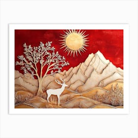 Leaves on Tree, Golden Lines, Antique White Deer and Tree. Golden Sun and Red Mountain Art Print