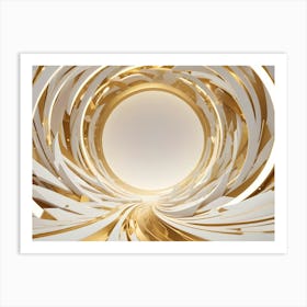 A 3d Render Of A Golden And White Abstract Geometric Tunnel, Creating A Sense Of Depth And Perspective Art Print