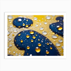 A Close Up Shot Of Water Droplets On A Yellow And Blue Surface Art Print