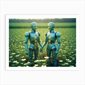 Two Identical Blue Robots Stand In A Field Of Green Plants 1 Art Print