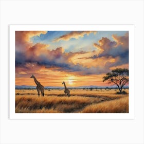 Nature's Untamed Canvas Sunset Giraffes Art Print