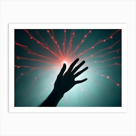 A Silhouette Of A Hand Reaching Out Towards A Glowing, Red, Network Of Lines In A Blue And Green Background Art Print