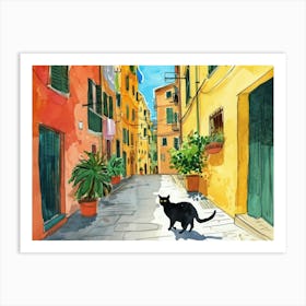 Black Cat In Cagliari, Italy, Street Art Watercolour Painting 2 Art Print