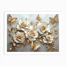 Gold Roses With Butterflies Painting Art Print