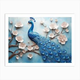 3d Background Blue Peacock on Branch 1 Art Print