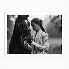 Black And White Photograph Capturing An Equestrian Woman With Delicate Braided Hairstyle Donned In Art Print