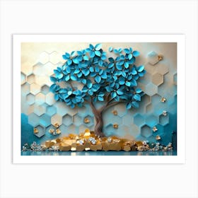 Serene 3d Tree, Turquoise And Blue Leaves, Soft Brown Shades, Colorful Hexagons 1 Art Print