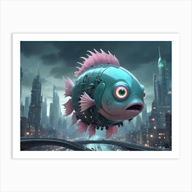 A Surreal Image Of A Large, Mechanical Fish Flying Over A Futuristic Cityscape Art Print