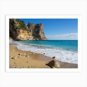 Cliffs and blue sea water on the beach. Cala Moraig Art Print