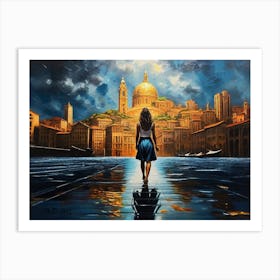 Women Walk Barefoot On Dry River Art Print