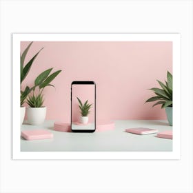 Photo Of A Smartphone On A Pink Stand With Plants On A Blue And Pink Background Art Print