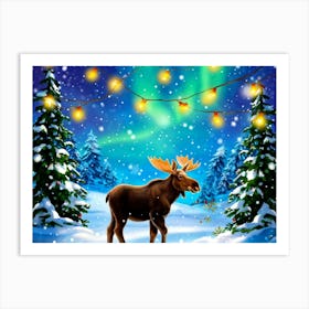 Baby Moose Wrapped In Twinkling Fairy Lights Nestled Among Snow Draped Evergreens Whimsical Festi Art Print