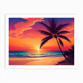 A Tranquil Beach At Sunset Horizontal Illustration 24 Art Print