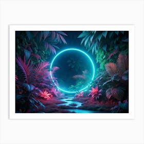 Neon Blue Circle Portal In A Tropical Forest 1 Art Print