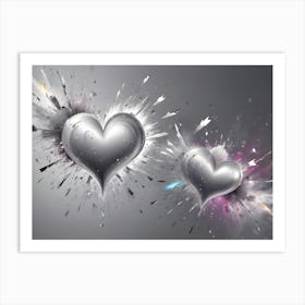 Two Silver Hearts Are Depicted Against A Gray Background, With A Burst Of Colorful Light And Sparks Emanating From Each One, Symbolizing Love, Passion, And Energy Art Print