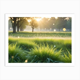 A Field Of Green Grass With A Blurred Background Of Trees And A Sunlit Sky, Creating A Peaceful And Serene Natural Scene 1 Art Print