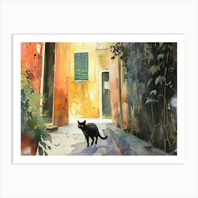 Black Cat In Palermo, Italy, Street Art Watercolour Painting 4 Art Print