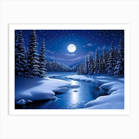 Snowy Forest Under Moonlight Branches Heavy With Frost Shimmering Ribbon Of River Weaving Through Art Print