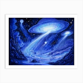 Cosmic Voyage Surreal Hand Drawn Fantasy Floating Ufos Amidst Gossamer Like Dreamlike Waves Deep Art Print