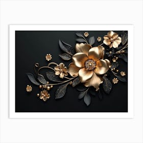 Gold Flowers On Black Background 13 Art Print