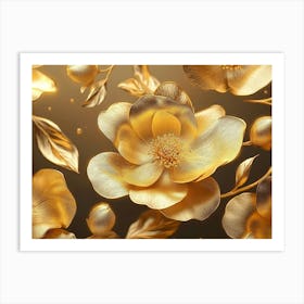 3d Golden Floral Abstract Art Print