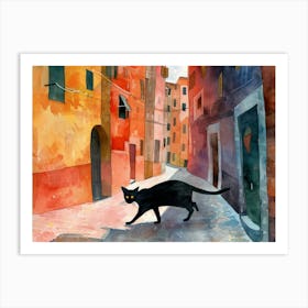 Black Cat In Genoa, Italy, Street Art Watercolour Painting 4 Art Print