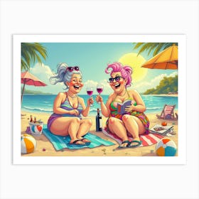 2 Seaside Sips And Sunshine Grins Older Women Enjoying Life and Sipping Wine Art Print