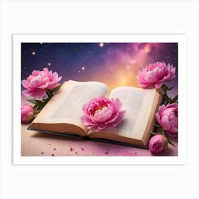 Open Book With Pink Peonies Surrounding It Against A Background Of A Starry Night Sky, Representing Knowledge, Beauty, Or Dreams Art Print