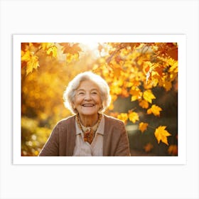 Elderly Woman Radiating Joy Amidst Crisp Autumn Leaves Close Up Orange Yellow Foliage Surrounding (7) Art Print