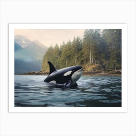 Realistic Forest Scene & Orca Whale Swimming In Sea Art Print