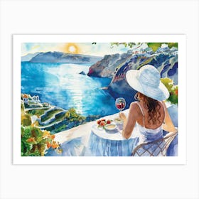 Watercolor Painting Of A Woman In A Large White Summer Hat Next To The Sea V2 Art Print