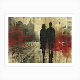 Temporal Resonances: A Conceptual Art Collection. Two People Walking Down The Street Art Print