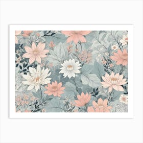 A Seamless Pattern Of Stylized Flowers In Shades Of Pink, White, And Green On A Light Blue Background Art Print