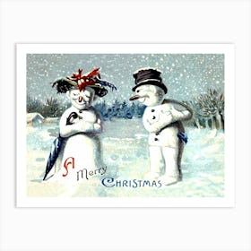 Snowman Is Expressing Love To His Snow Lady Art Print